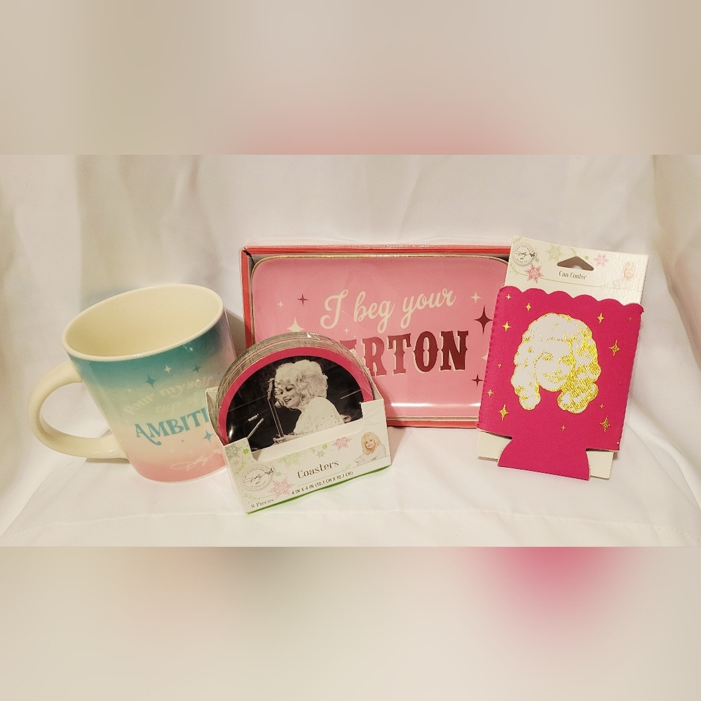 DOLLY PARTON 4 Piece Gift Pack Mug/Coffee Cup Trinket Tray Coasters Can Cooler